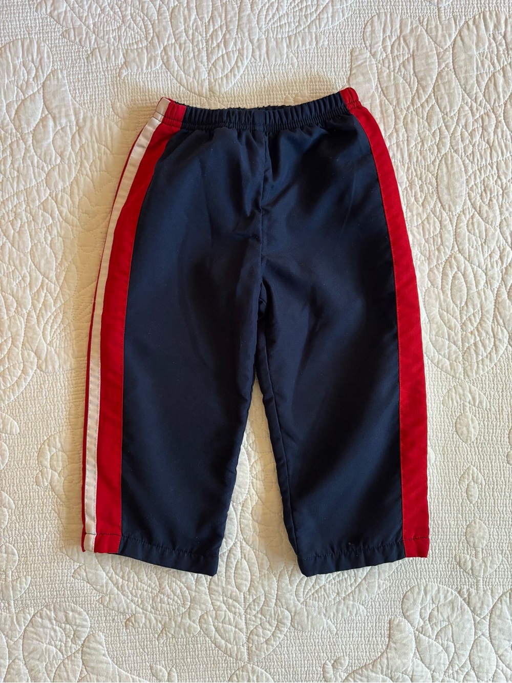 Vintage Fleece Lined Kids Navy Track Pants with Red & White Side Stripes